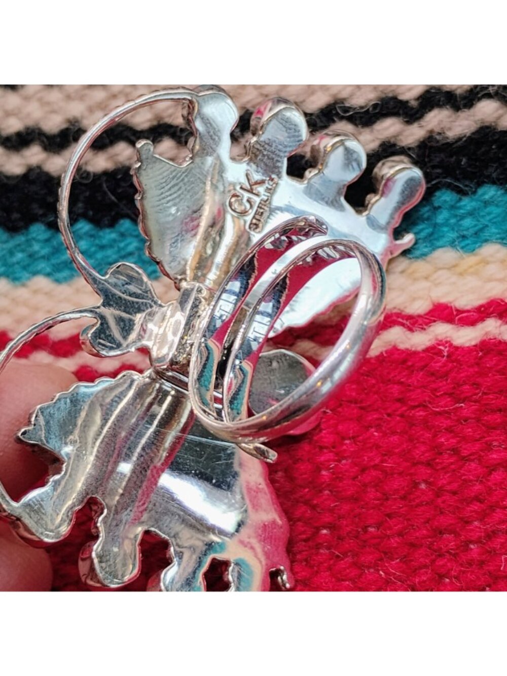 Native Signed CK Sterling Silver Orange Spiny Oyster Butterfly Ring Adjustable - Picture 7 of 10